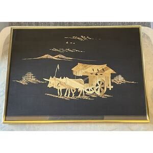 Handmade Asian Bamboo Straw Framed Picture Ox and Cart